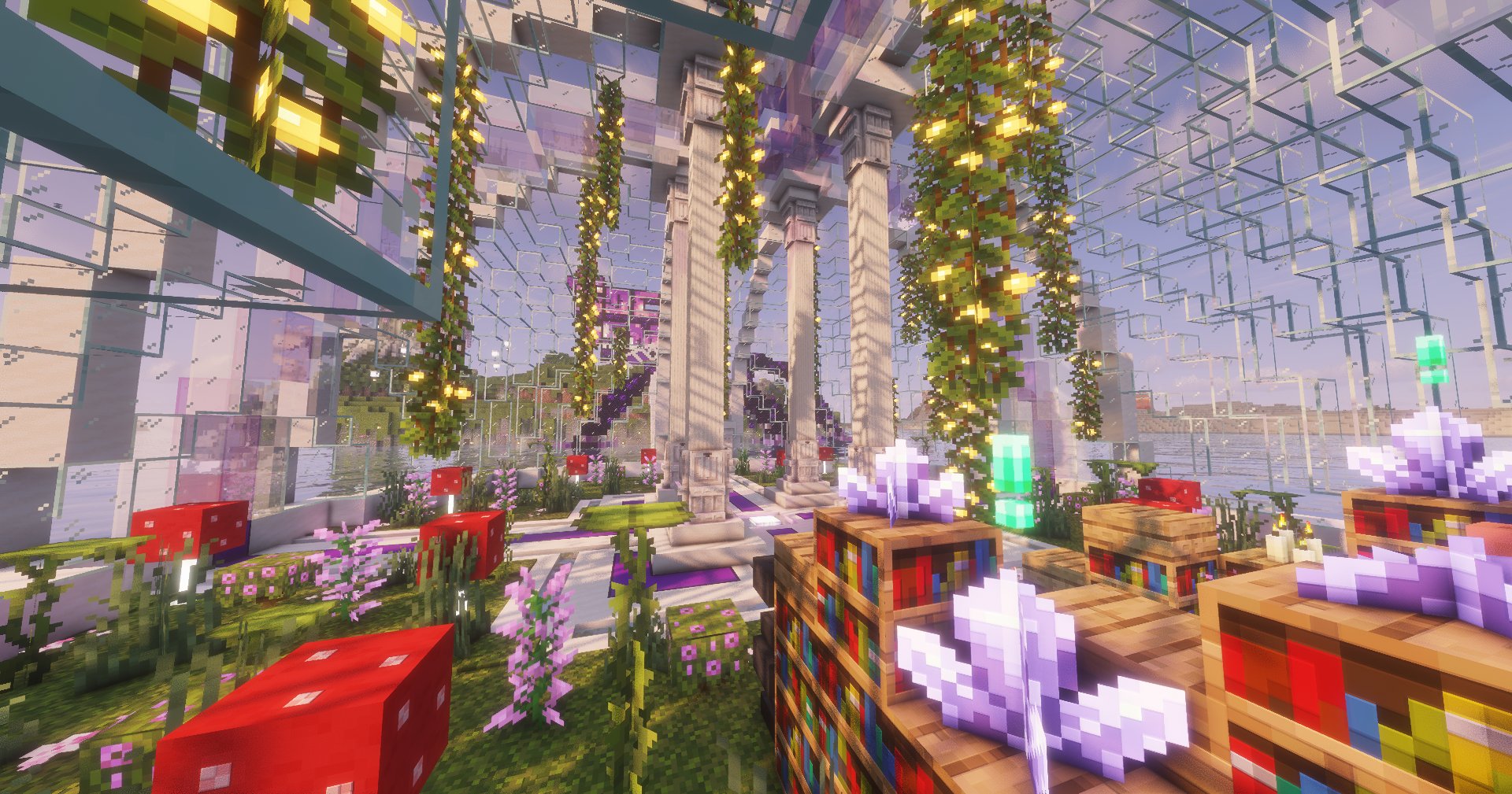 Inside the glass conservatory with vines, mushrooms and bookshelves