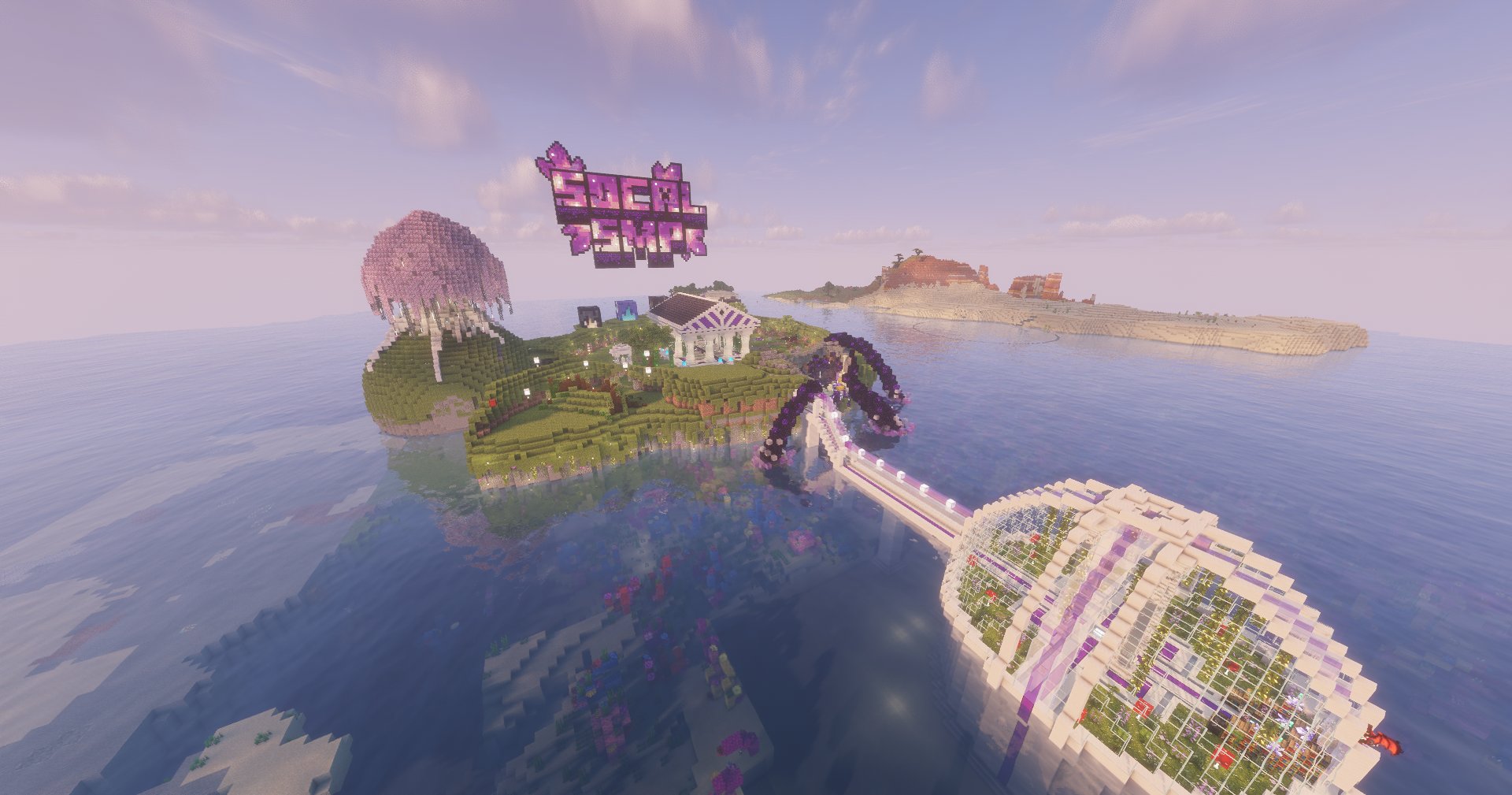 Aerial view of the SoCal SMP spawn island with the floating sign and glass dome