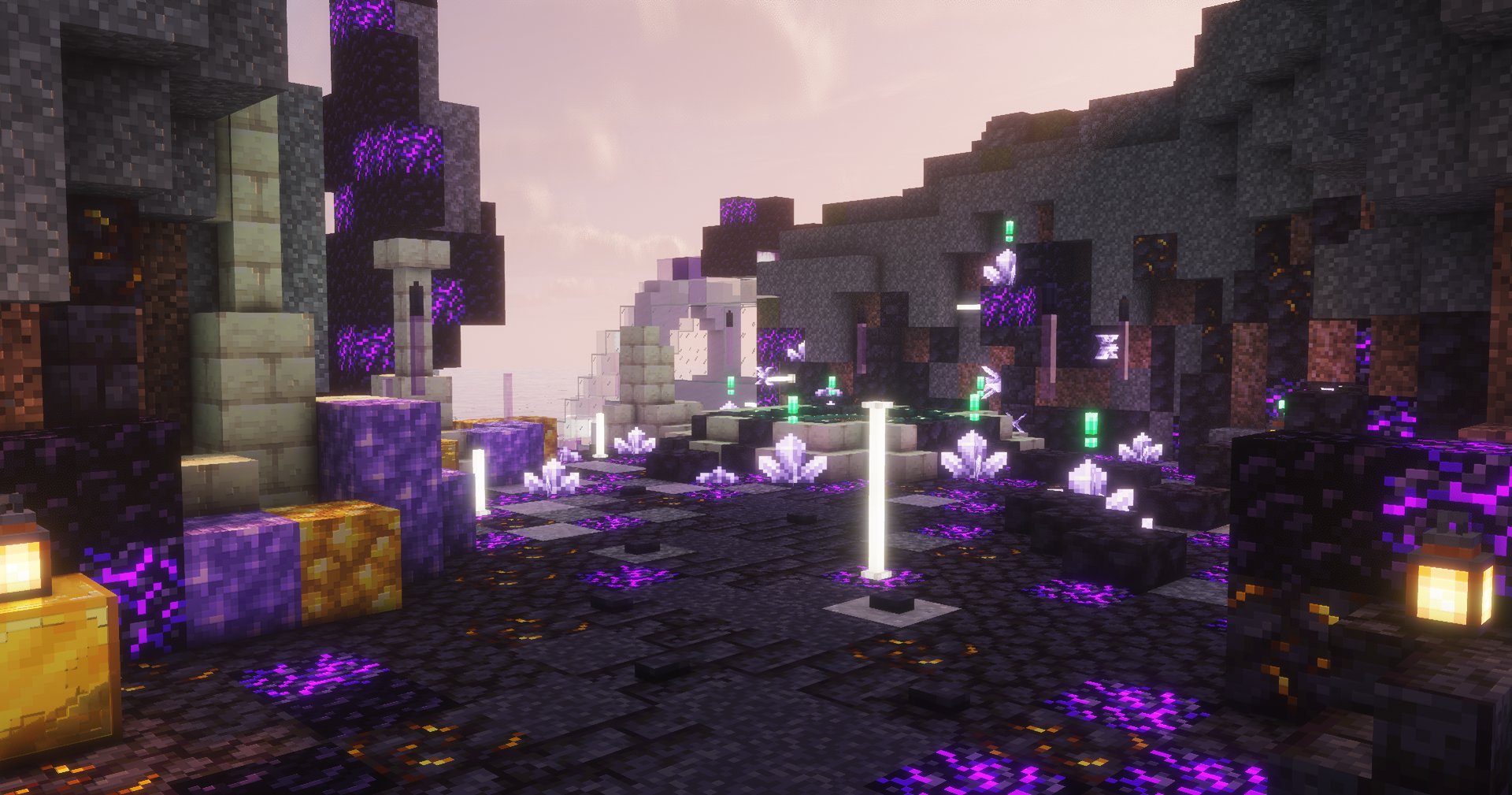Dark cave courtyard glowing with amethyst and crying obsidian