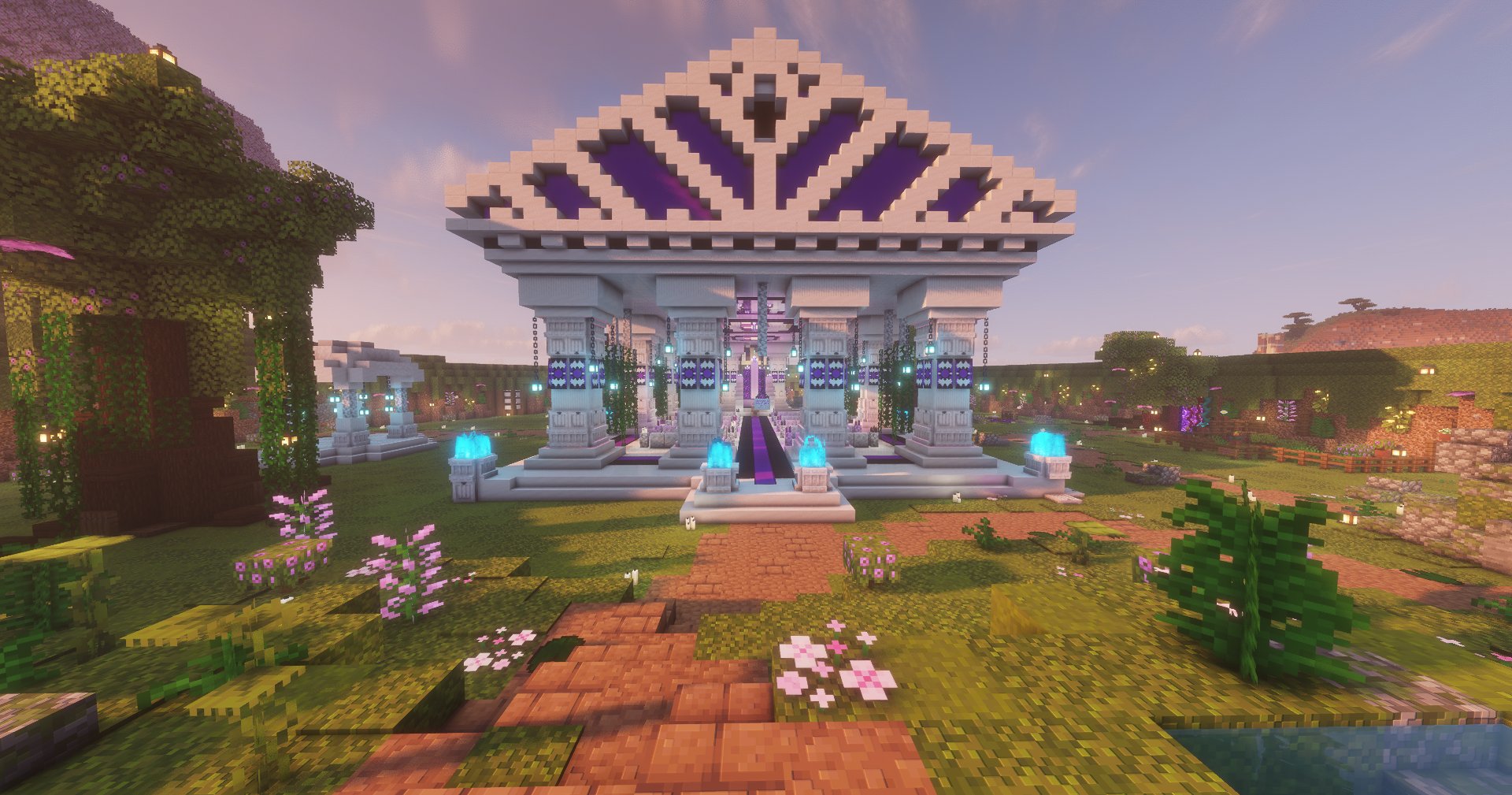 White and purple temple with soul-fire braziers at spawn